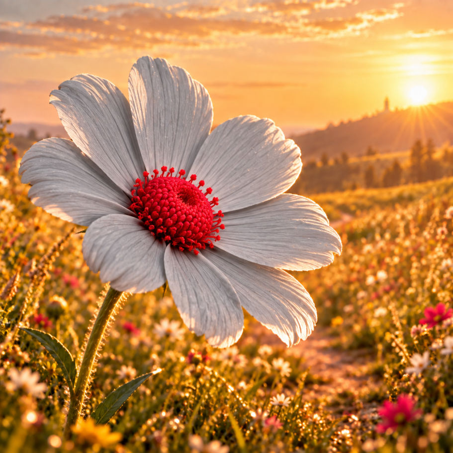 Blume mit grauen Blütenblättern und rotem Mittelpunkt, umgeben von sanftem Licht.