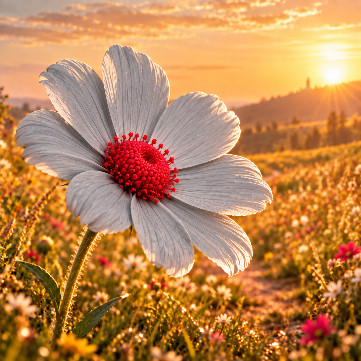 Blüte STILLES KUNSTWERK EINER BLUME MIT ROTEM EDELSTEIN IM MITTELPUNKT, UMGEBEN VON NEBEL.