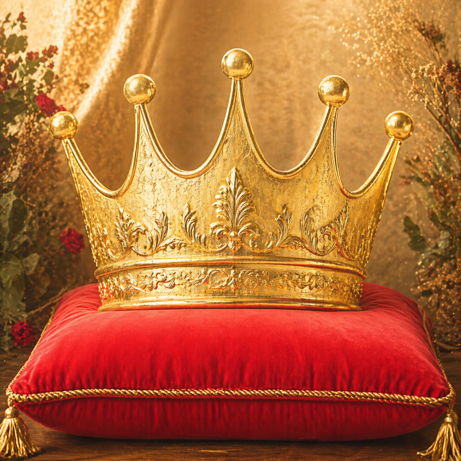 Goldene Krone auf einem roten Kissen, dekorative Details im Hintergrund.