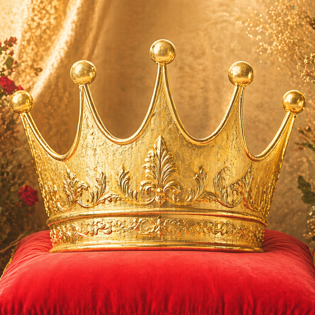 Goldene Krone auf einem roten Kissen vor goldenem Hintergrund.