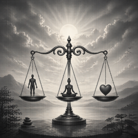 Eine Wagschale mit menschlicher Figur, Buddha und Herz, Symbol für Gleichgewicht und Harmonie.