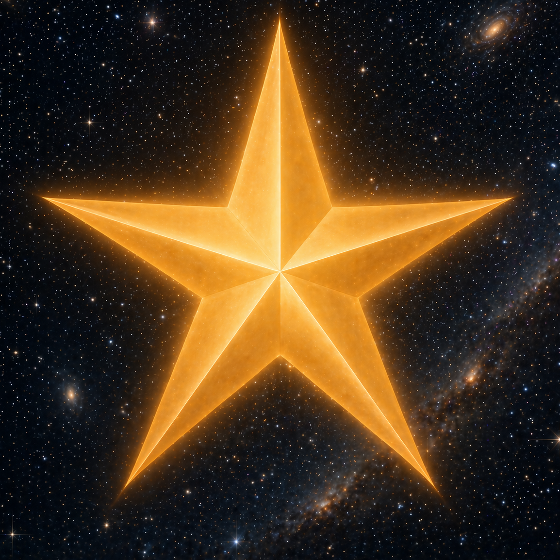 Leuchtender orangefarbener Stern auf einem dunklen, sternenübersäten Hintergrund.