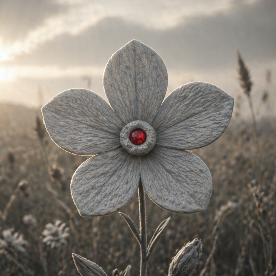 Blume mit grauen Blütenblättern und rotem Mittelpunkt, umgeben von sanftem Licht.