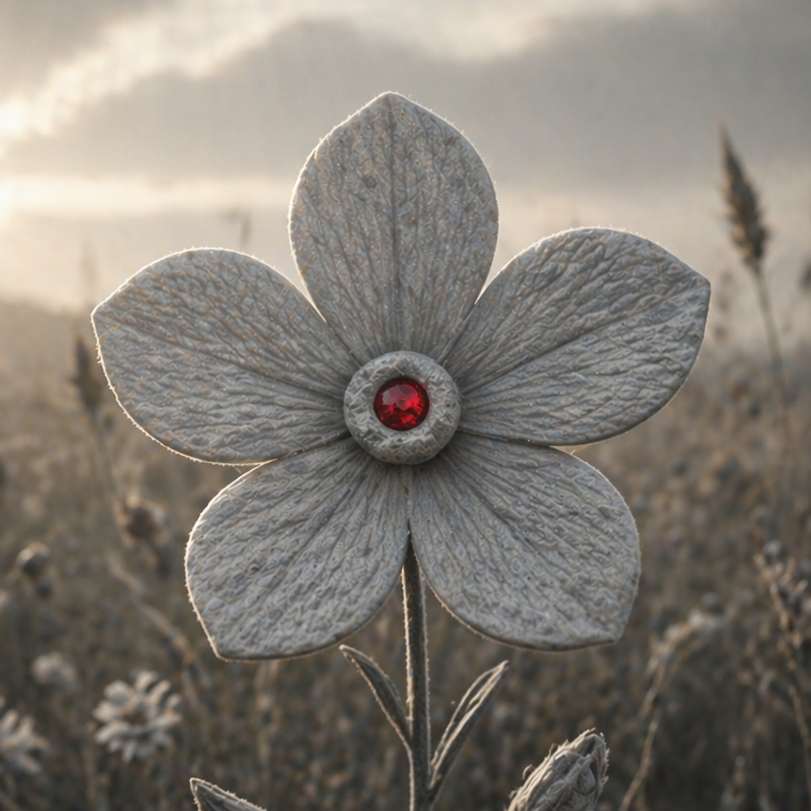 STILLES KUNSTWERK EINER BLUME MIT ROTEM EDELSTEIN IM MITTELPUNKT, UMGEBEN VON NEBEL.