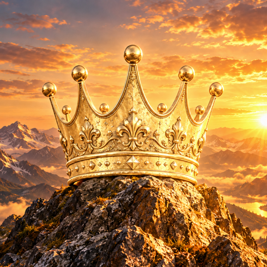 Goldene Krone auf einem roten Kissen, dekorative Details im Hintergrund.