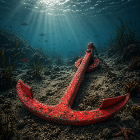 Rostiger Anker auf dem Meeresgrund, umgeben von Wasserpflanzen und Fischen.